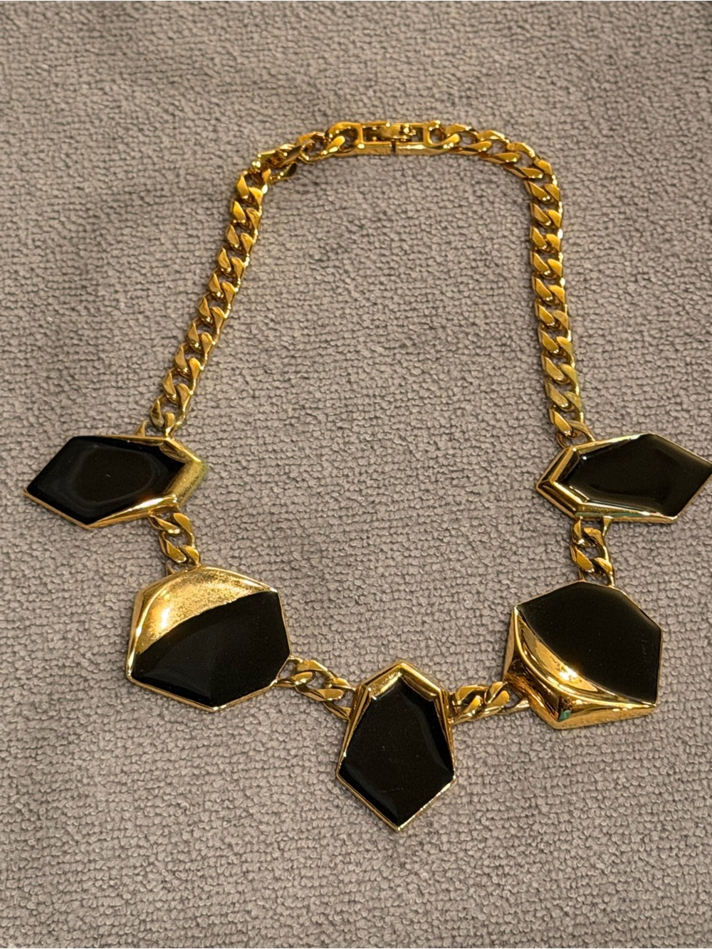 Vintage Monet Gold Tone Necklace with Black Geometric Stones - Women Jewelry